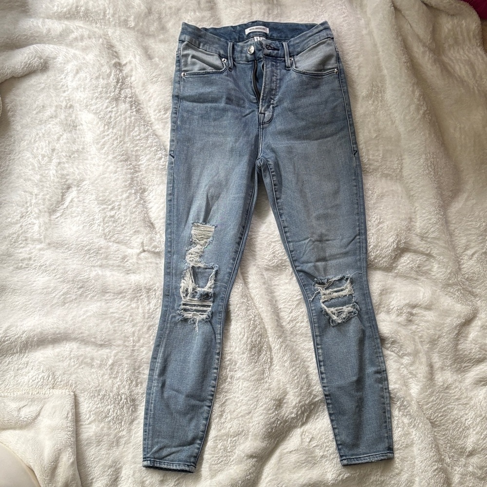 Good American - Good Waist Crop, Light Blue Distressed Skinny Jeans